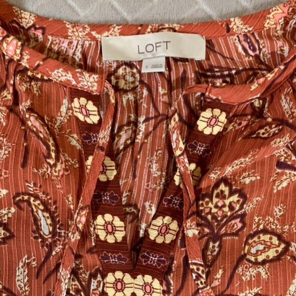 Loft Womens Small Blouse Gauzy Long Ruffle Sleeve Floral Geometric Boho Festival - Picture 8 of 10